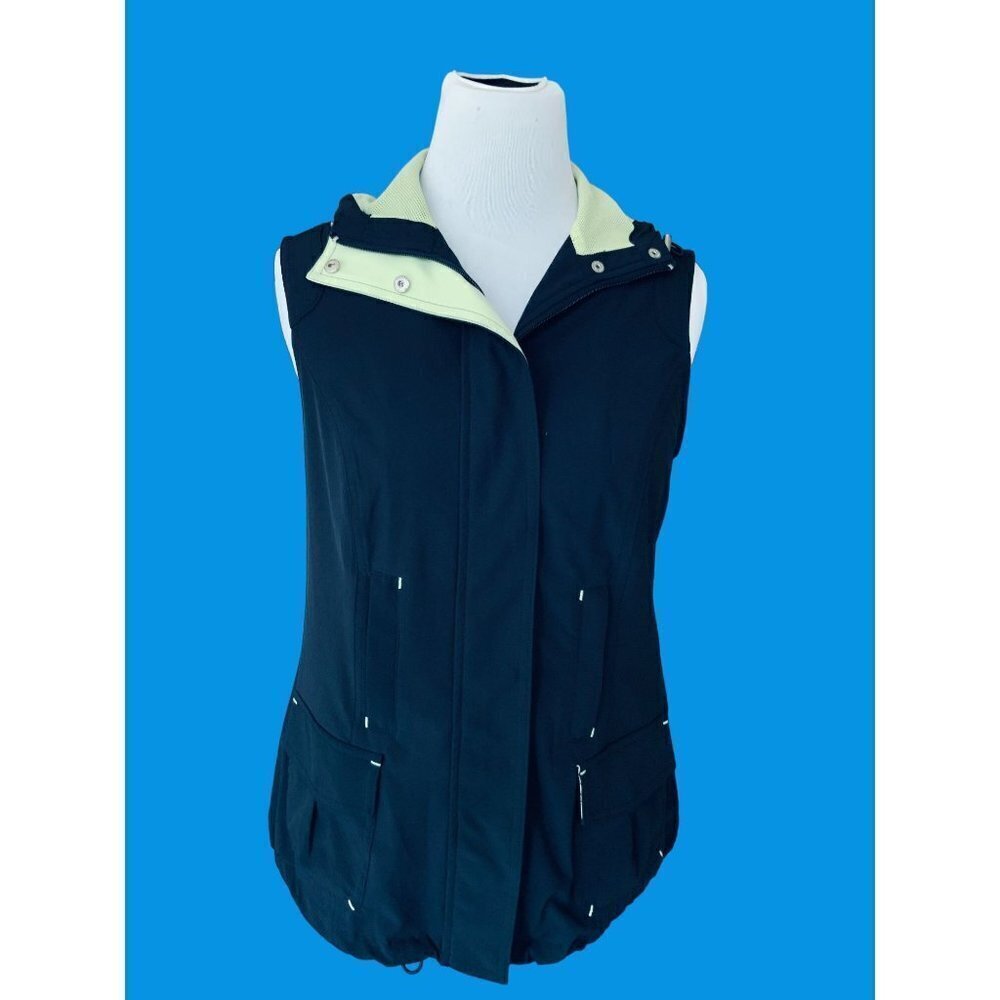 ZENERGY CHICO'S LADIES NAVY GREEN SLEEVELESS HOODED SNAP ZIP POCKETS VEST EUC S